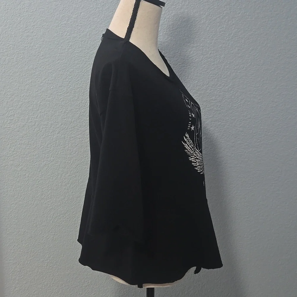 WILLIAM RAST Festival Guitar Graphic Peplum Top Black 1/2 Sleeves Sz Large - Picture 6 of 12